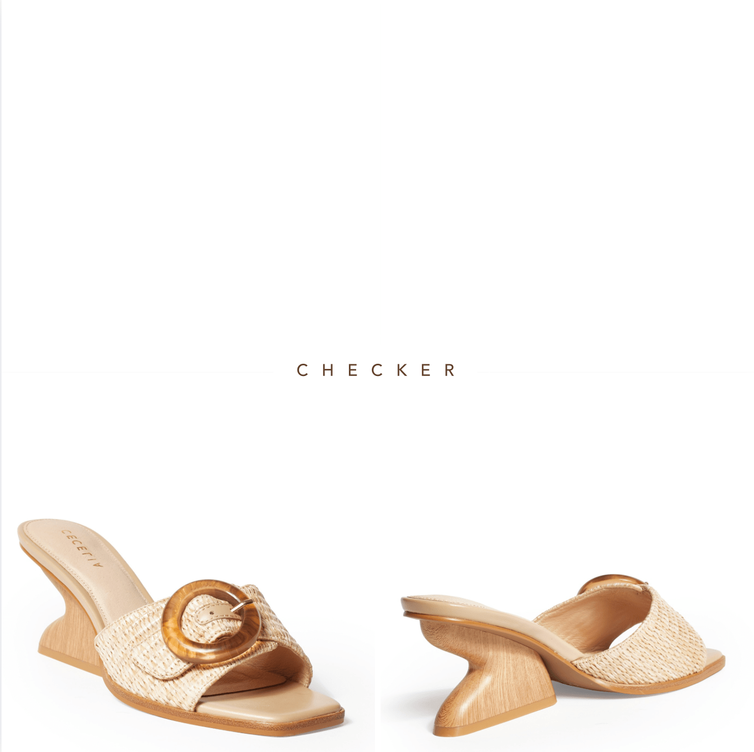 wood raffia leather summer resort slide Cecelia New York Checker