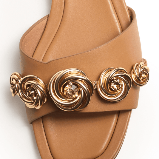 tan flat slide sandal gold rose embellishments