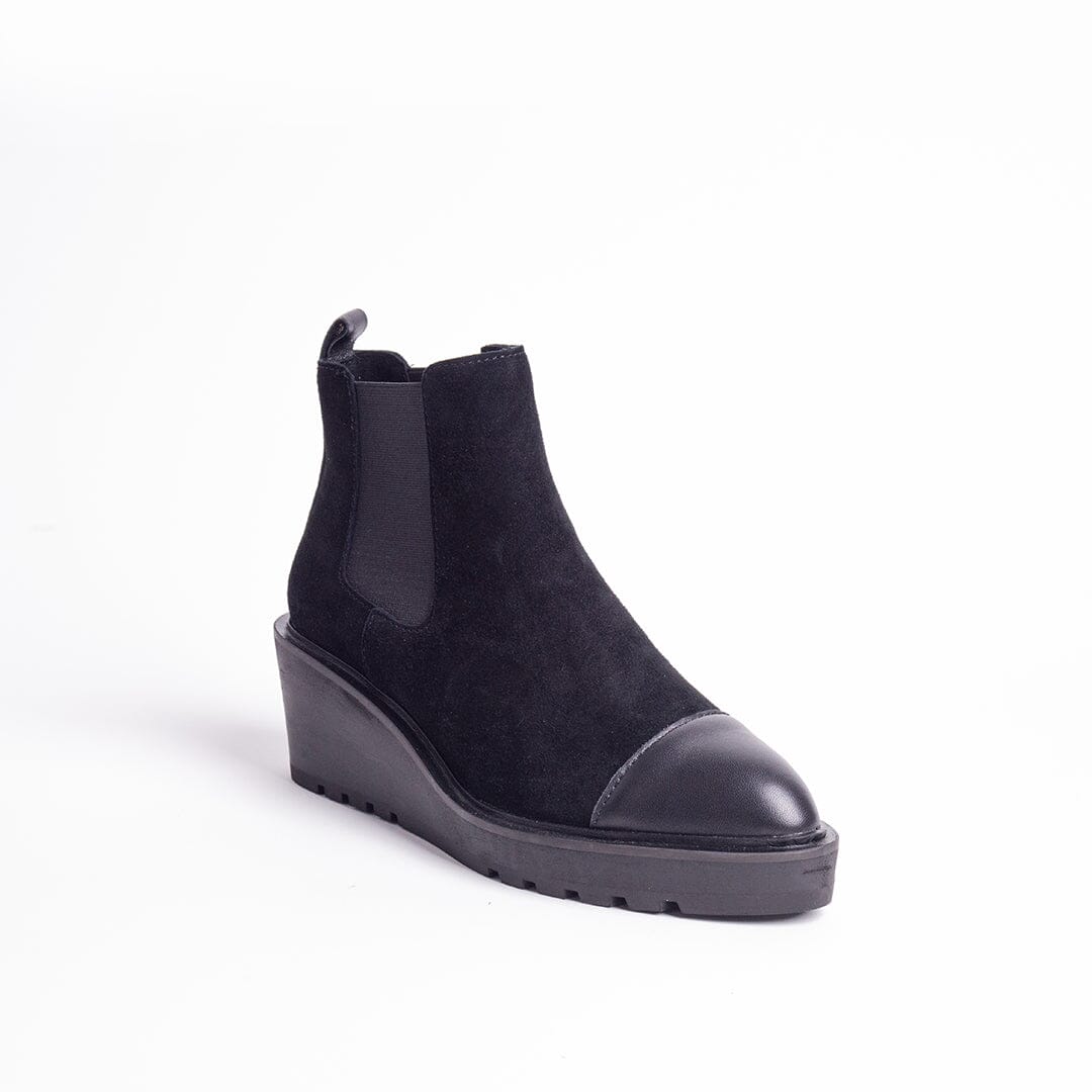 CECELIA NEW YORK - GEMMAIN CAPTOE SLIP ON LOW WEDGE BOOT BLACK SUEDE