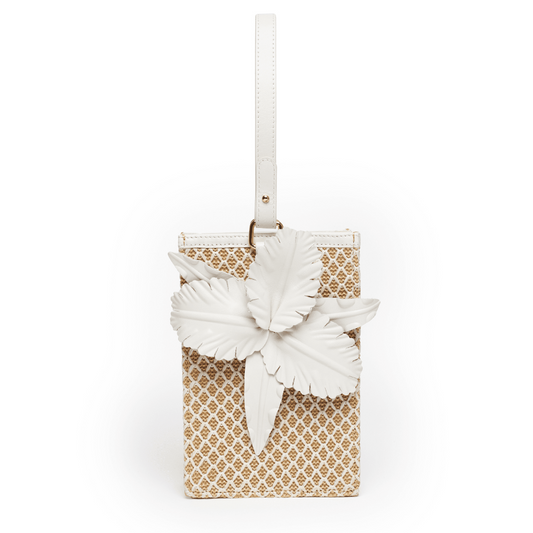 white and raffia cell phone size cross body purse tote