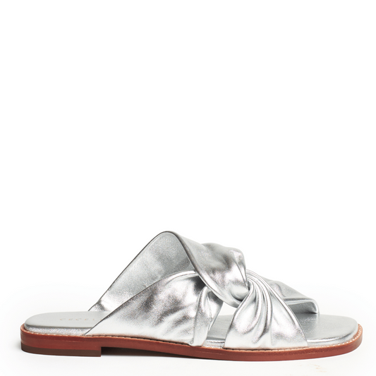 Silver flat sandal with a knotted design