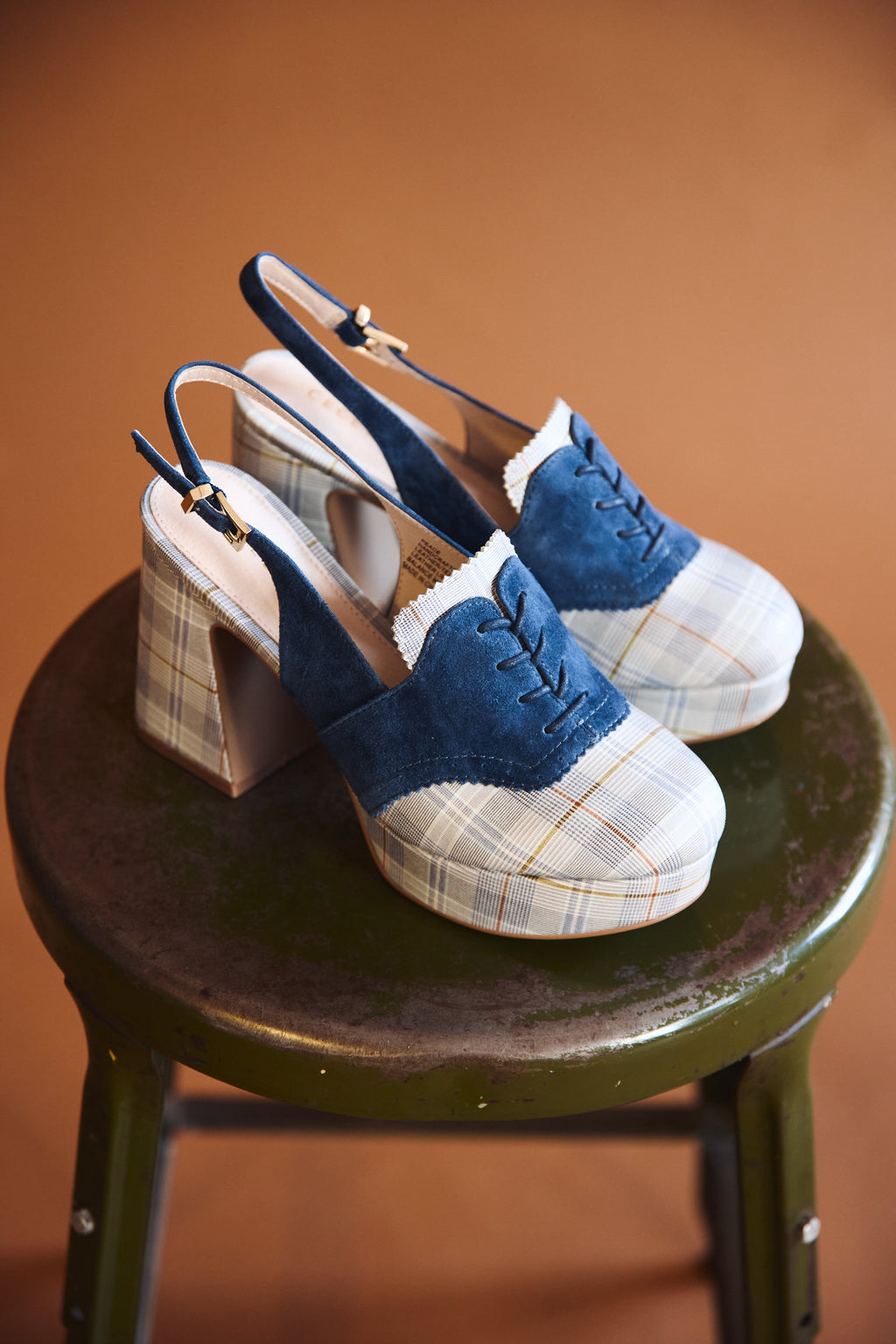 PEACE - NAVY PLAID PLATFORM PUMP