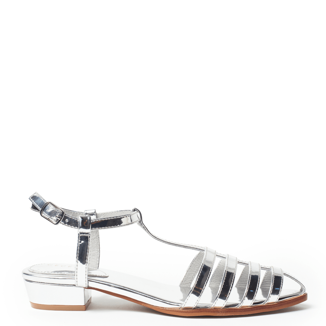 ADVENTURE 7.5 Silver Specchio Leather T-Strap Block Heel Sandal for Women, Dress & Evening Shoe | Cecelia New York ADVENTURE 7.5 Silver Specchio Leather T-Strap Block Heel Sandal for Women, Dress & Evening Shoe | Cecelia New York