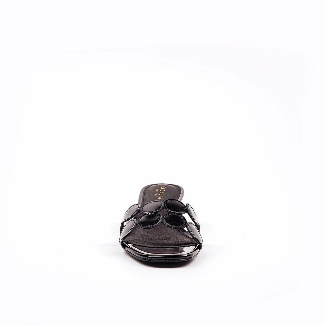 Round toe black patent leather dressy slide sandal