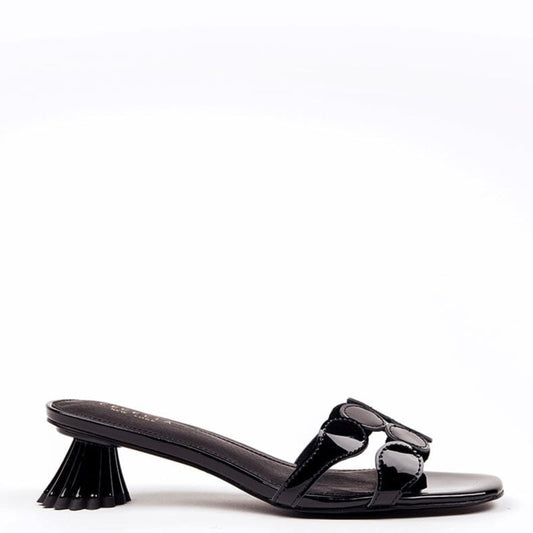 Black patent leather kitten heel sandal with circle toe strap and a distinctive heel design.