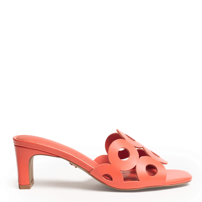 Coral high-heeled slide sandal with circle shoe detailing
