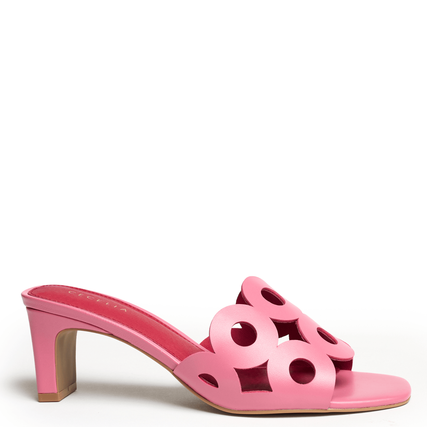 Pink high-heeled slide shoe cushioned footbed