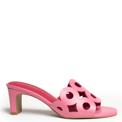 Pink high-heeled slide shoe cushioned footbed