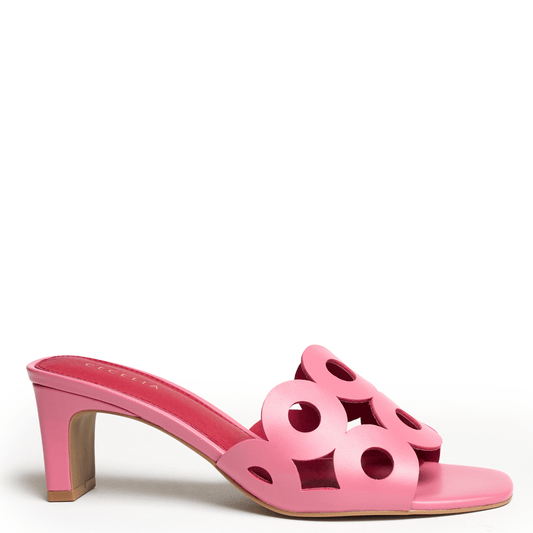 Pink high-heeled slide shoe cushioned footbed