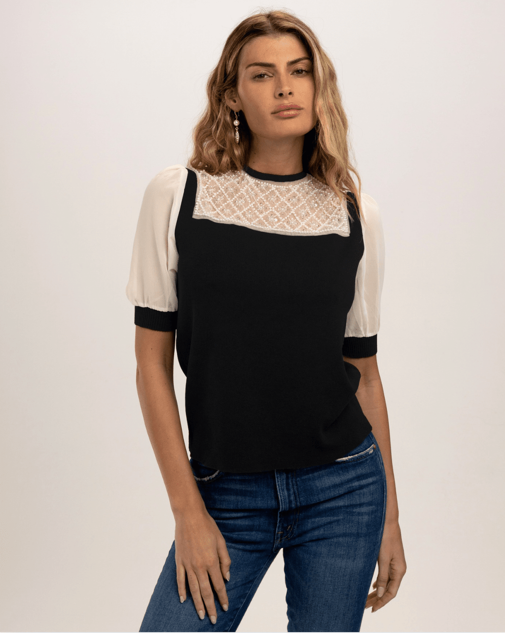 short sleeve black and cream embellished 