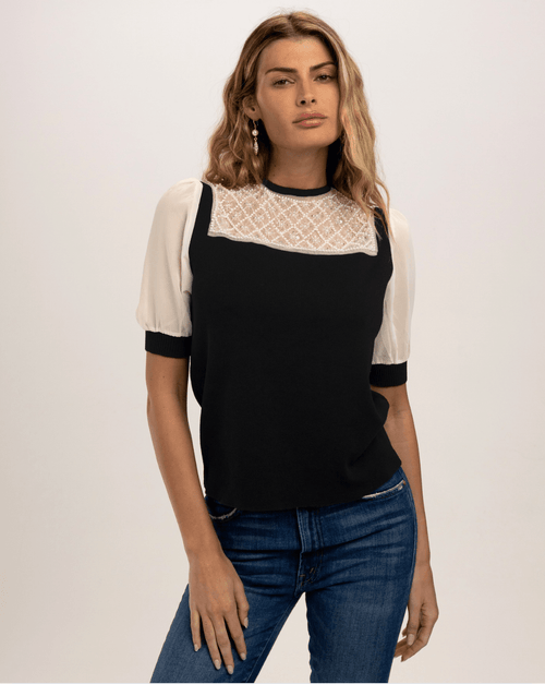 short sleeve black and cream embellished 