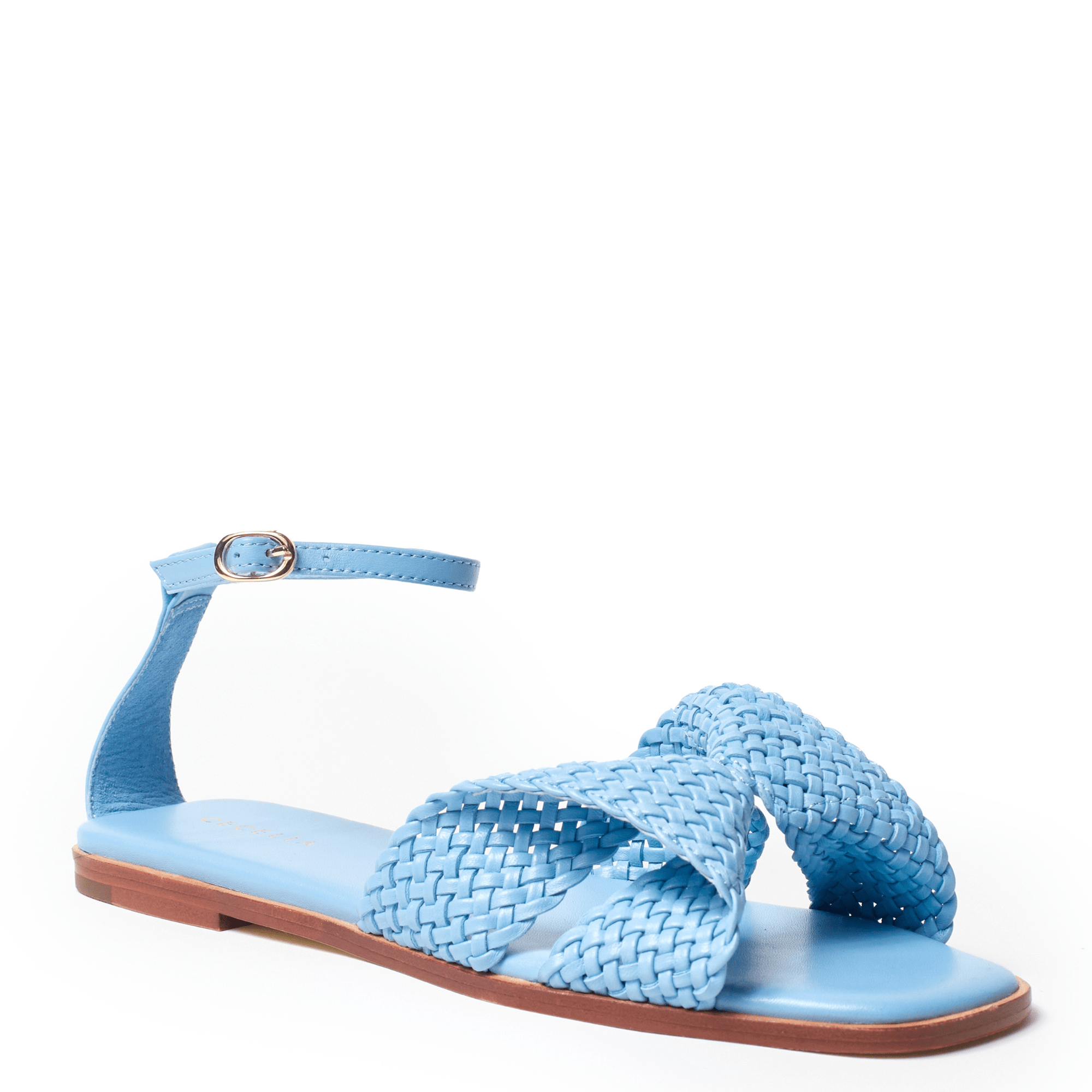 Light blue sandal with braided design ankle strap