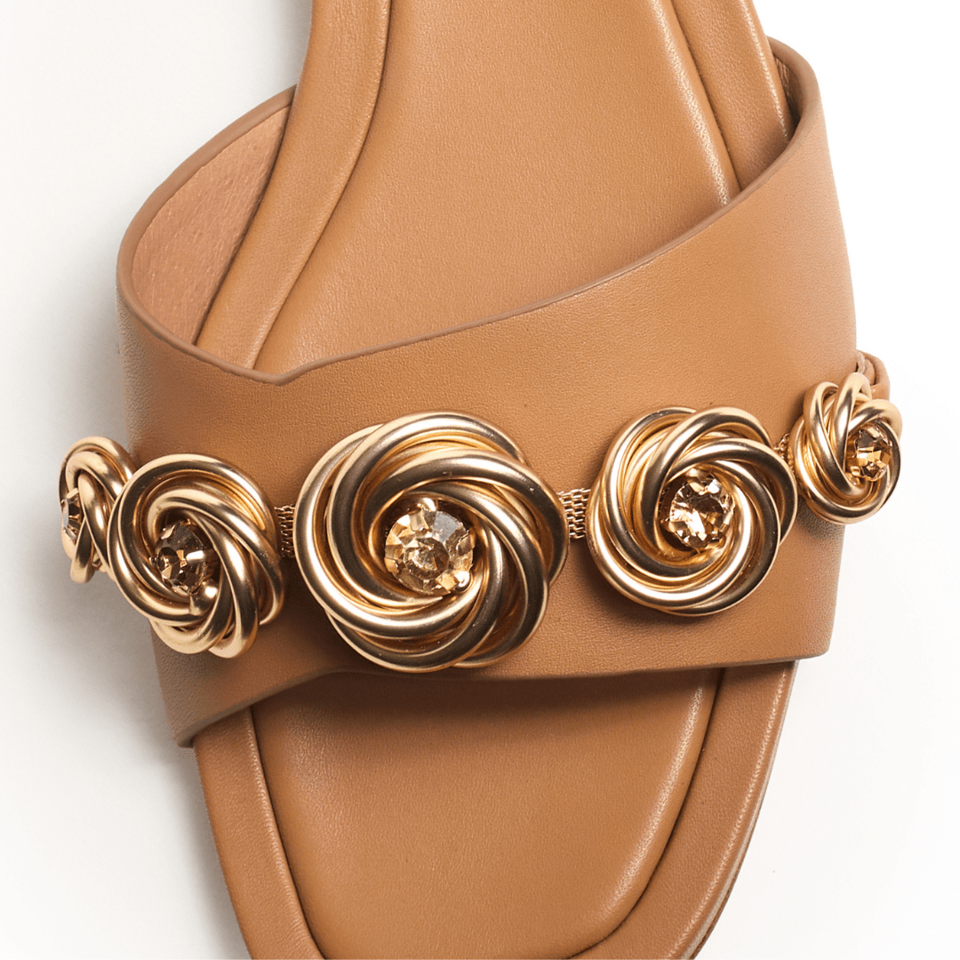 tan flat slide sandal gold rose embellishments