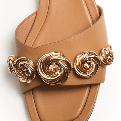tan flat slide sandal gold rose embellishments