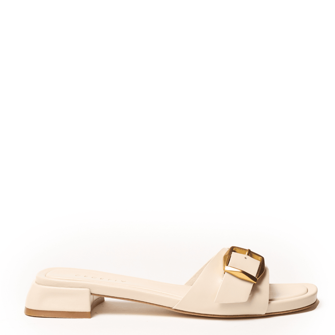 Beige sandal with a gold buckle
