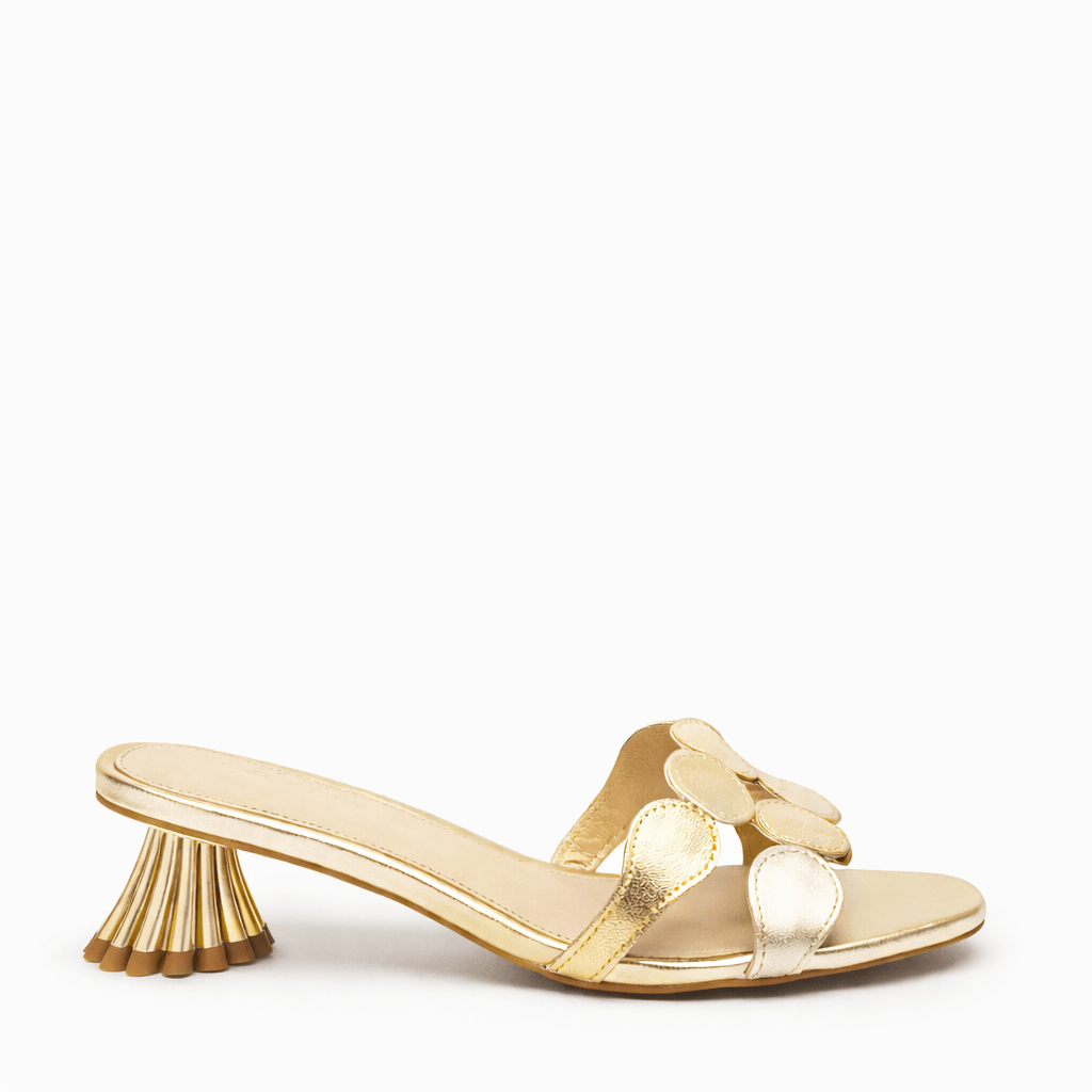 Gold low heel slide sandal dressy