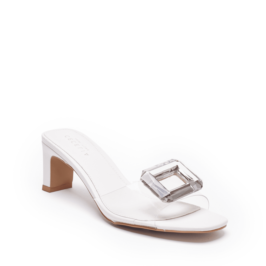 leather trendy bridal slide with mid heel oversized gem and cinderella style shoe