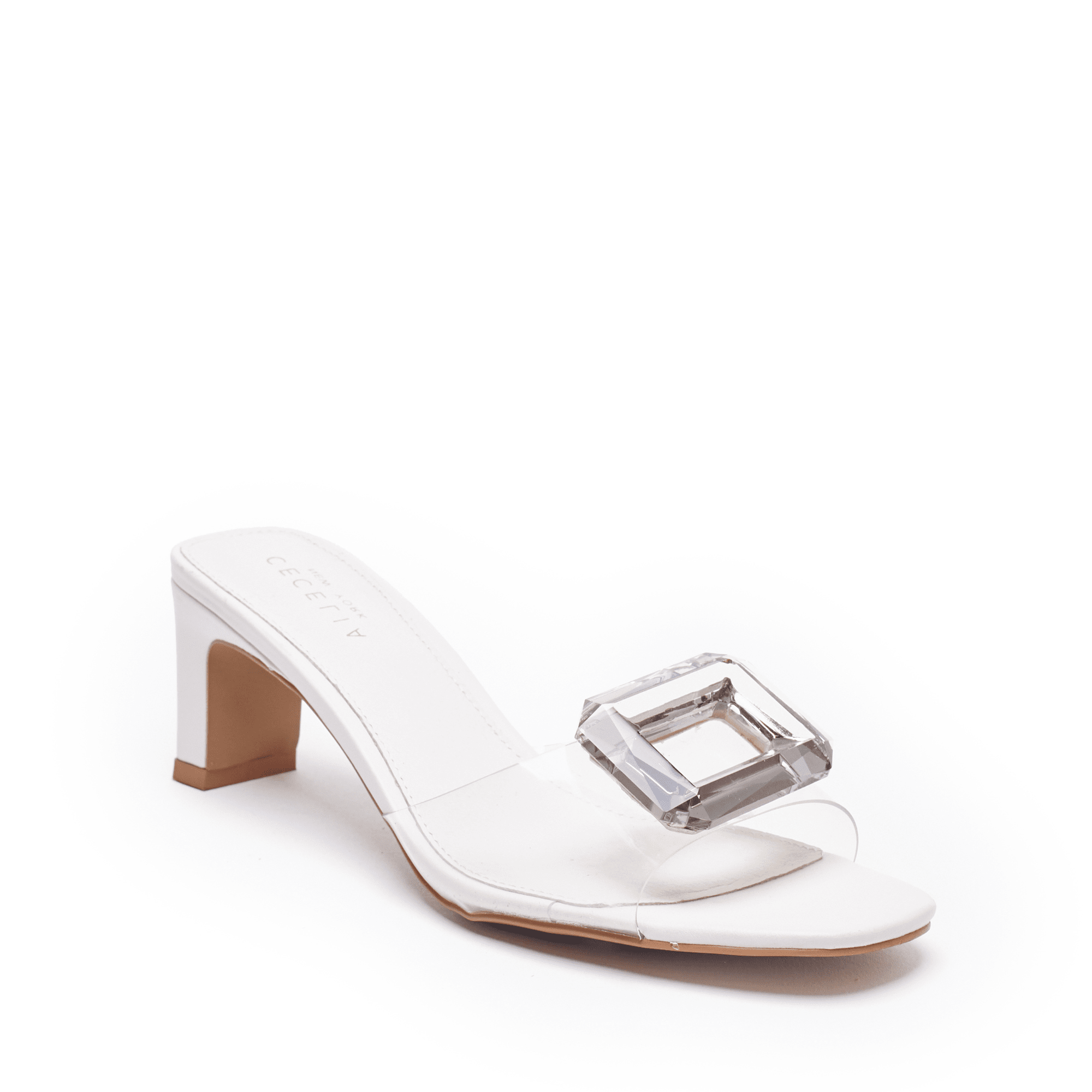 leather trendy bridal slide with mid heel oversized gem and cinderella style shoe