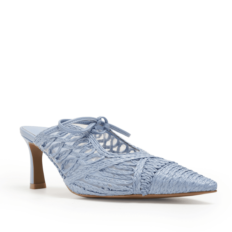 Light Blue Raffia Woven Lace Up Womens Mule Slide
