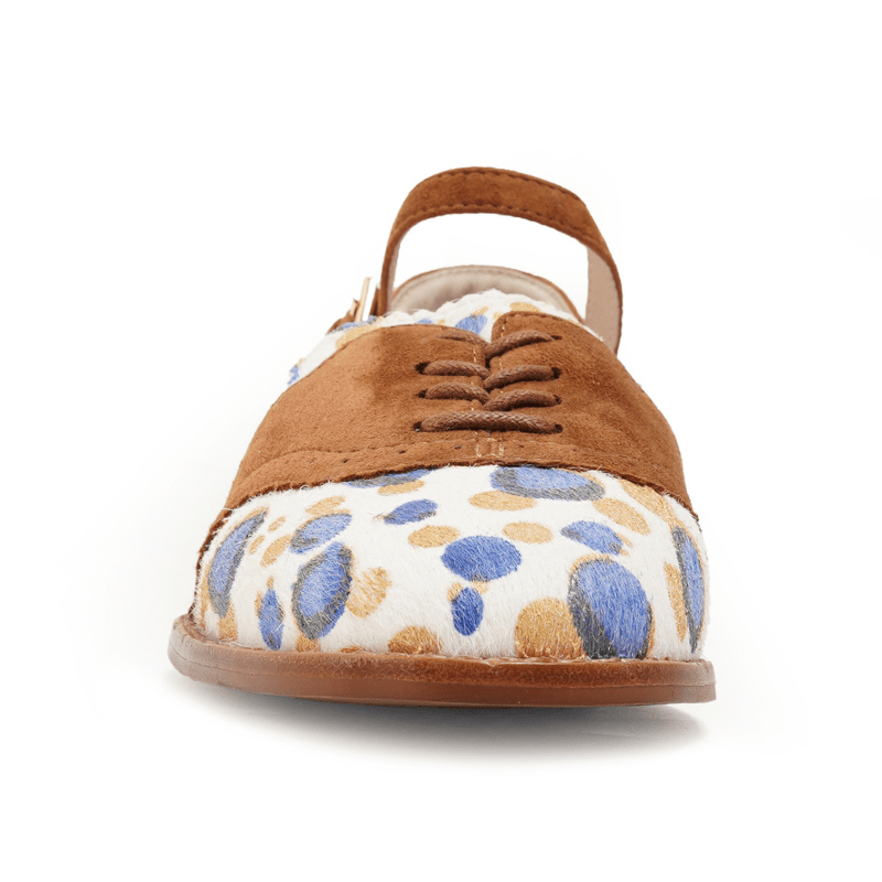 Brown suede womens loafer shoe with tan blue dot suede lace up detail flat fall 2026
