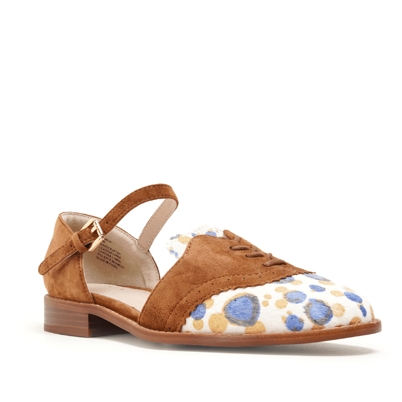 Brown Blue Womens Suede Loafter shoe with polka dot suede blue tan accent ankle strap low heel