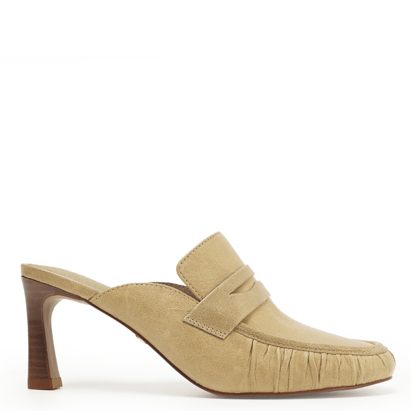 Trendy fall mule in soft suede leather sage green on wooden heel