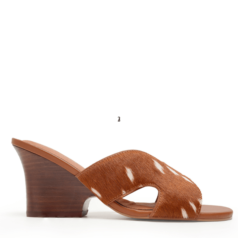 Brown Deer Print open-toe sandal with wooden wedge heel