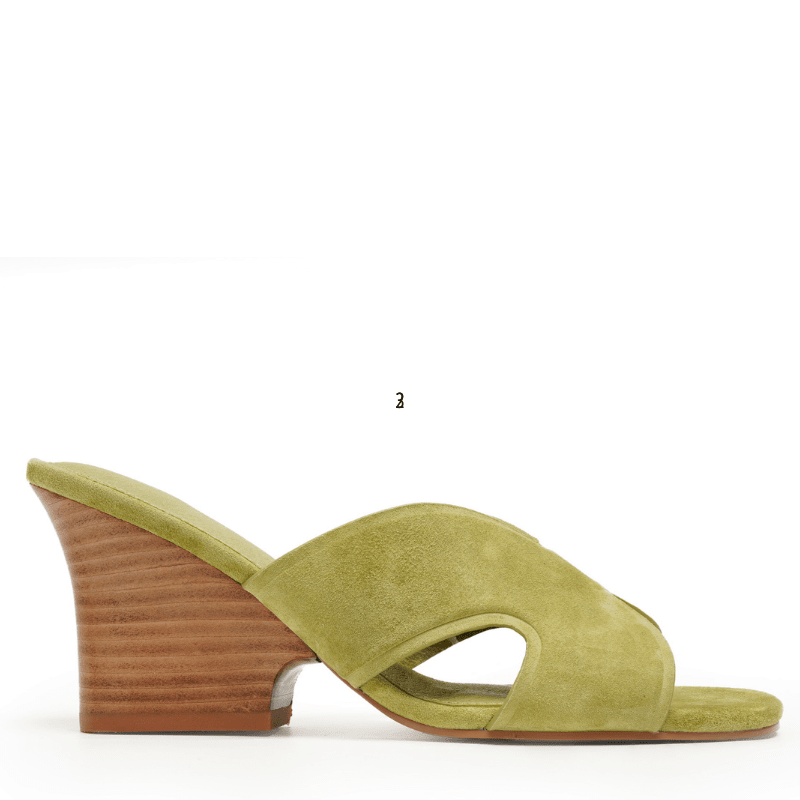 olive green suede and wood slide sandal fall