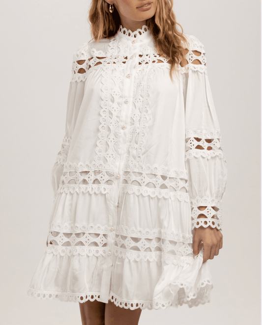 white lace eyelet long sleeve dress cut outlined Cecelia New York