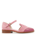 Two Tone Suede Leather Pink Flat Fall Shoe with Ankle Strap