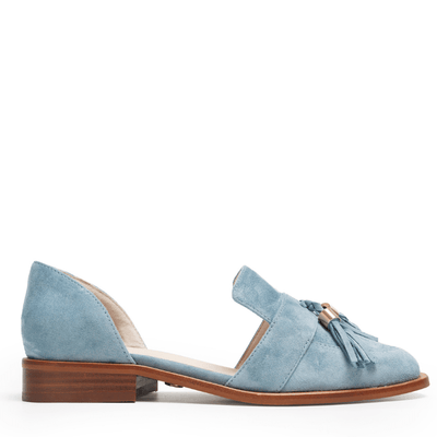 Light blue suede leather shoe with a wooden sole tassel 