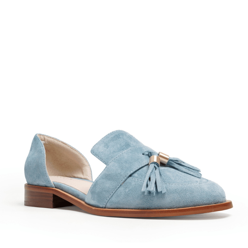 Trendy Fall Shoes 2026 Light blue suede loafer womens with a wooden brown sole 