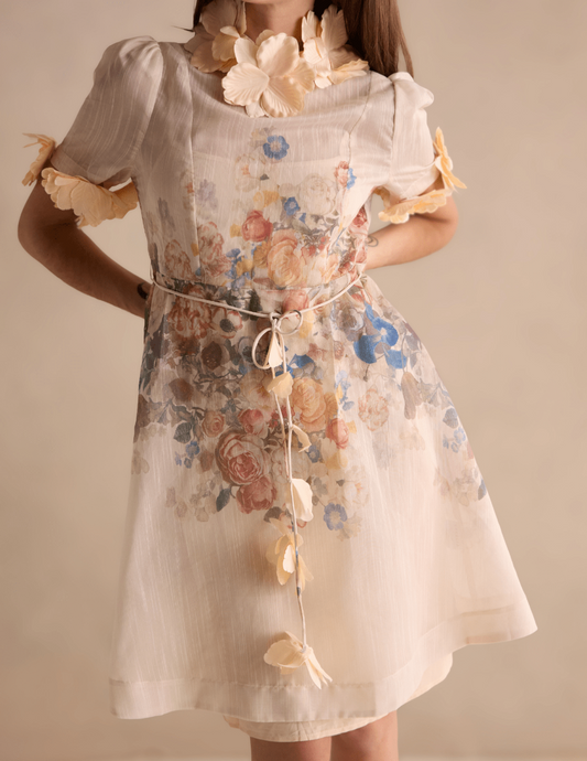 Floral dress with decorative elements  with flower tie belt