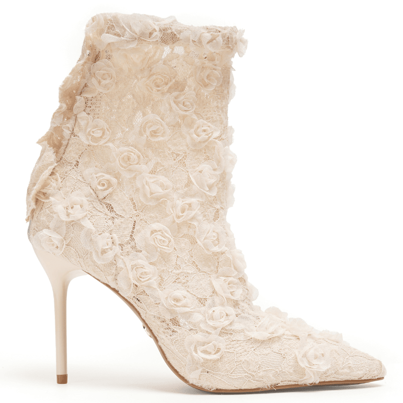 High heel cream lace boot with rosette lace ideal for weddings, summer, bridal wear