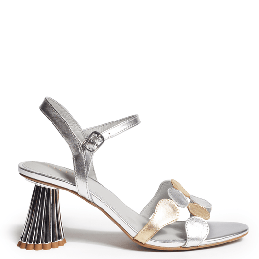 Silver and Gold Mixed high-heeled sandal with a unique heel wedding party evening footwear
