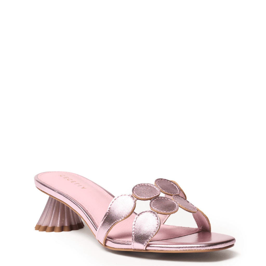 Pink metallic sandal with decorative heel and slide