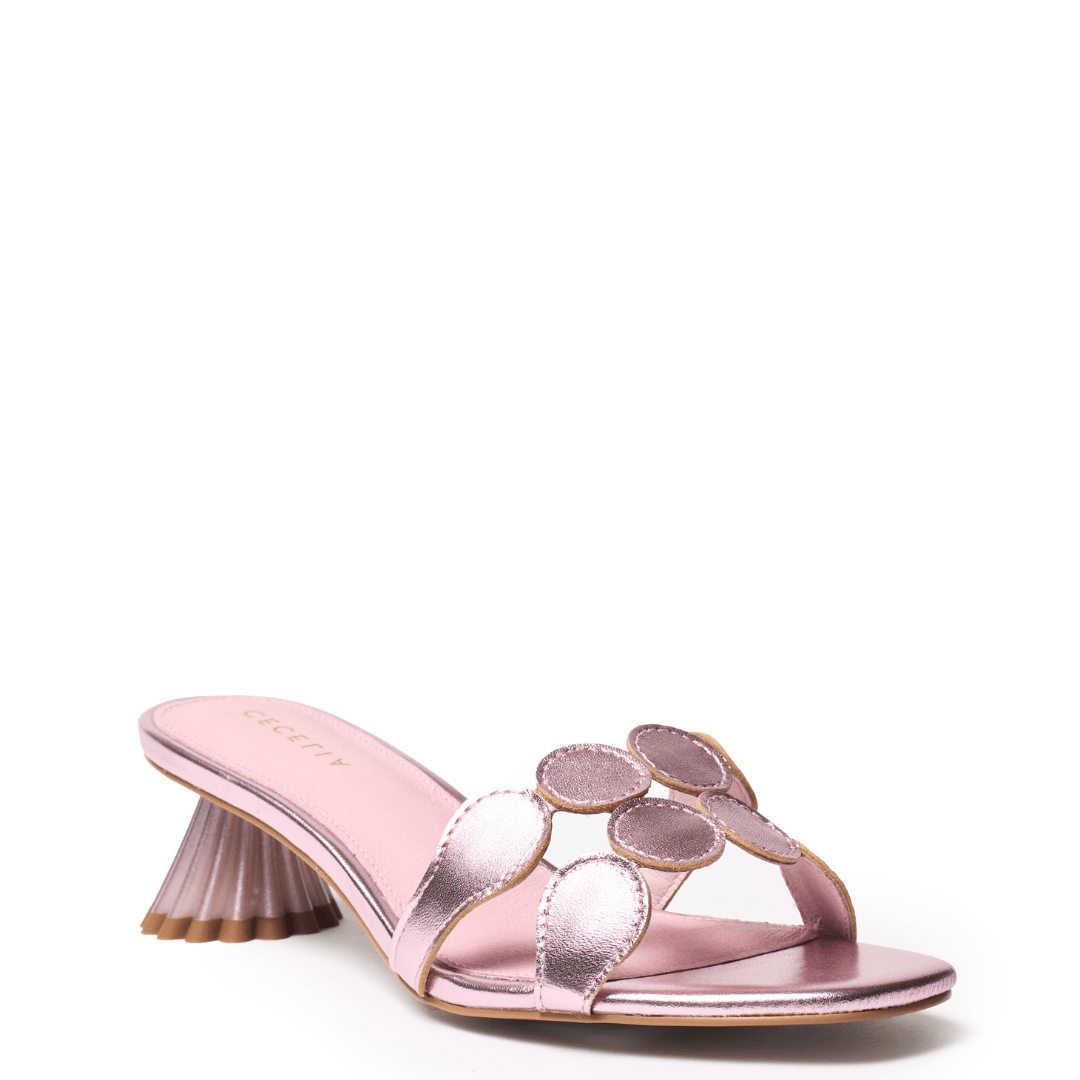 Pink metallic sandal with decorative heel and slide