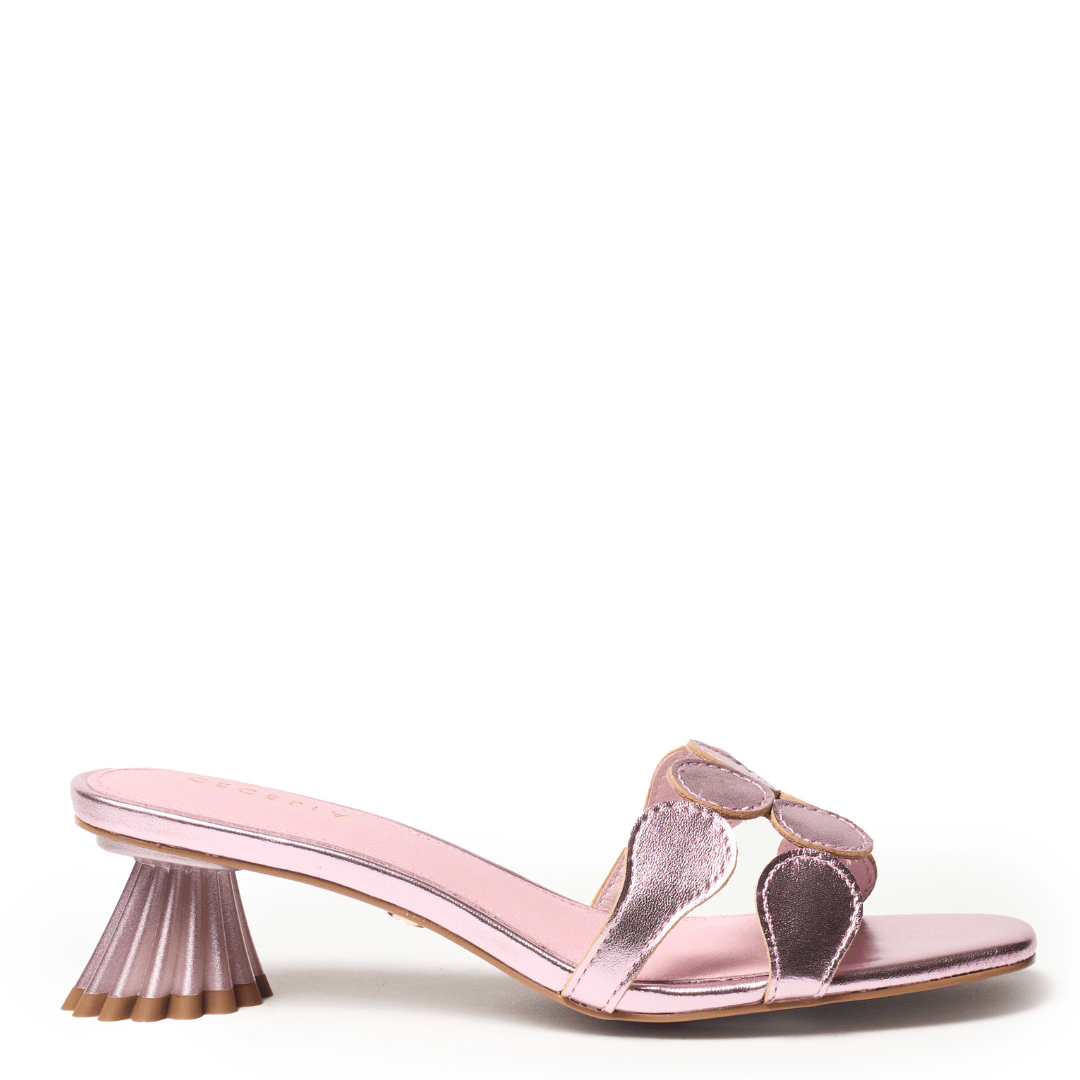 Cecelia New York Pink sandal with a unique heel design on a white background