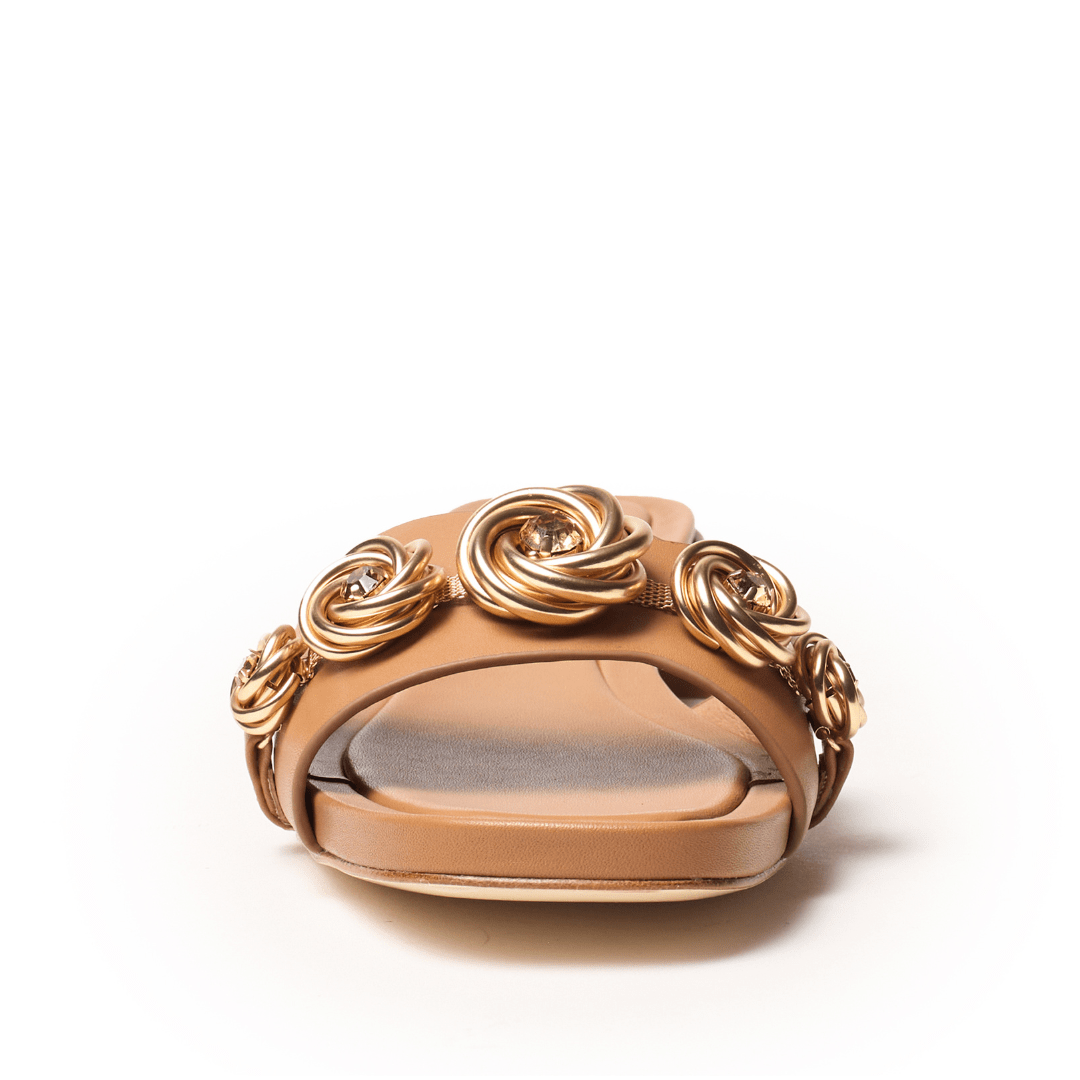 Tan Sandals With Metal Gold Rose Embellishments