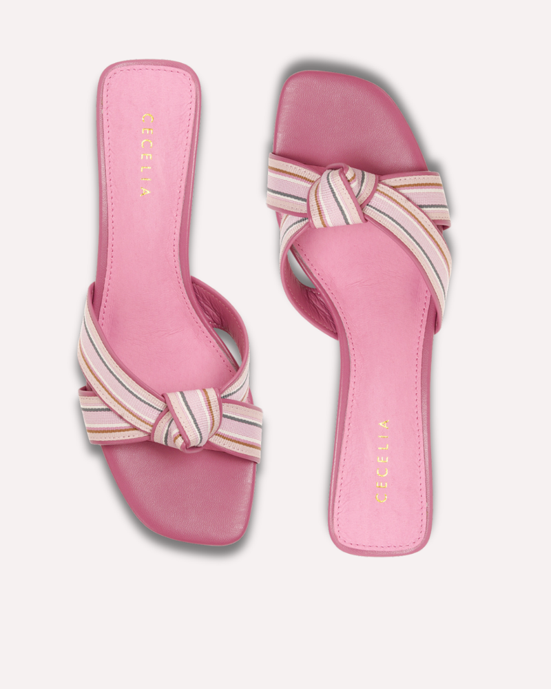 Designer Pink shoes with ribbon detail and leather kitten heel 