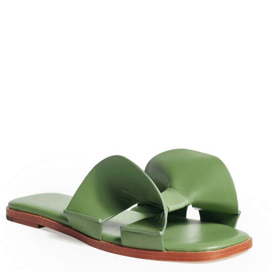 Green sandal with a brown sole cushioned footbed
