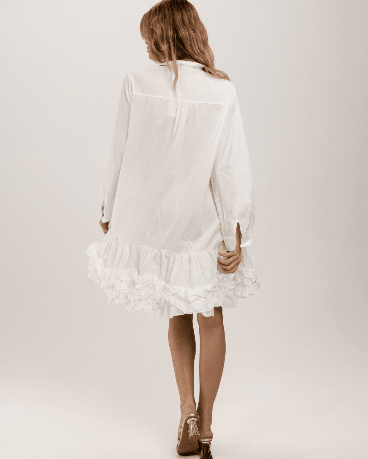 Comfortable Long Sleeve White Mini Dress Casual with Gold Slide Heels Jessica