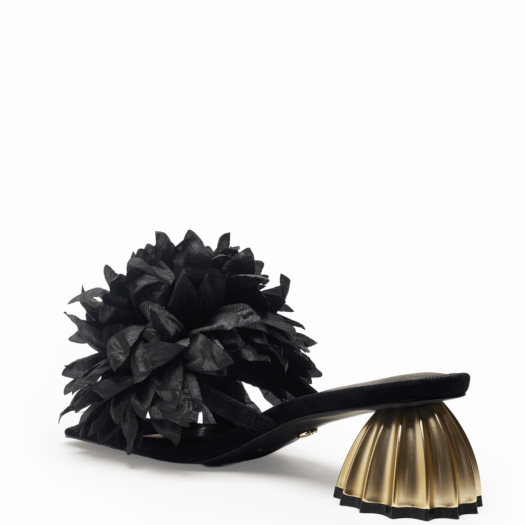 dressy black sandal with black silk flower and gold heel