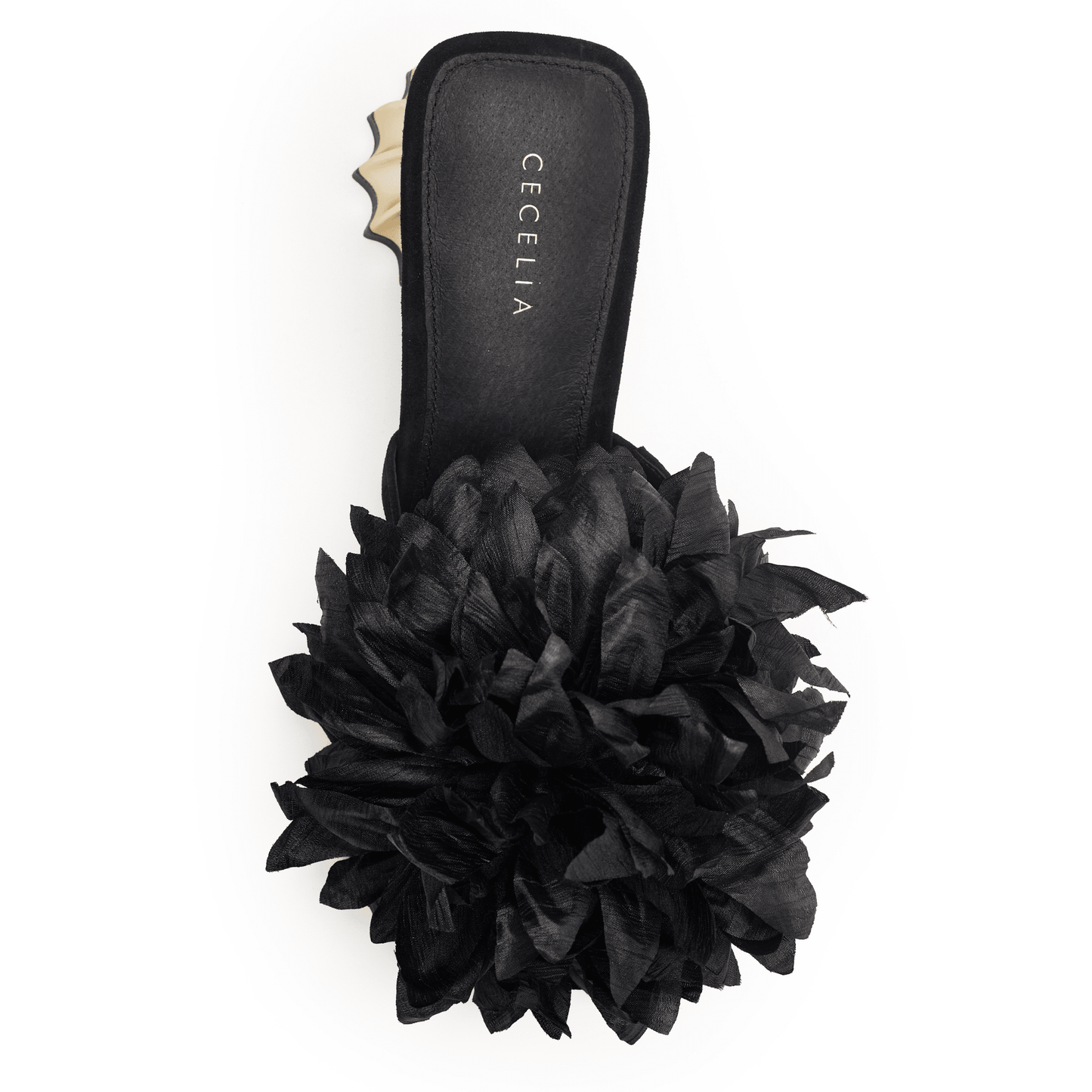 black and gold with large black silk flower slip on dressy sandal 
