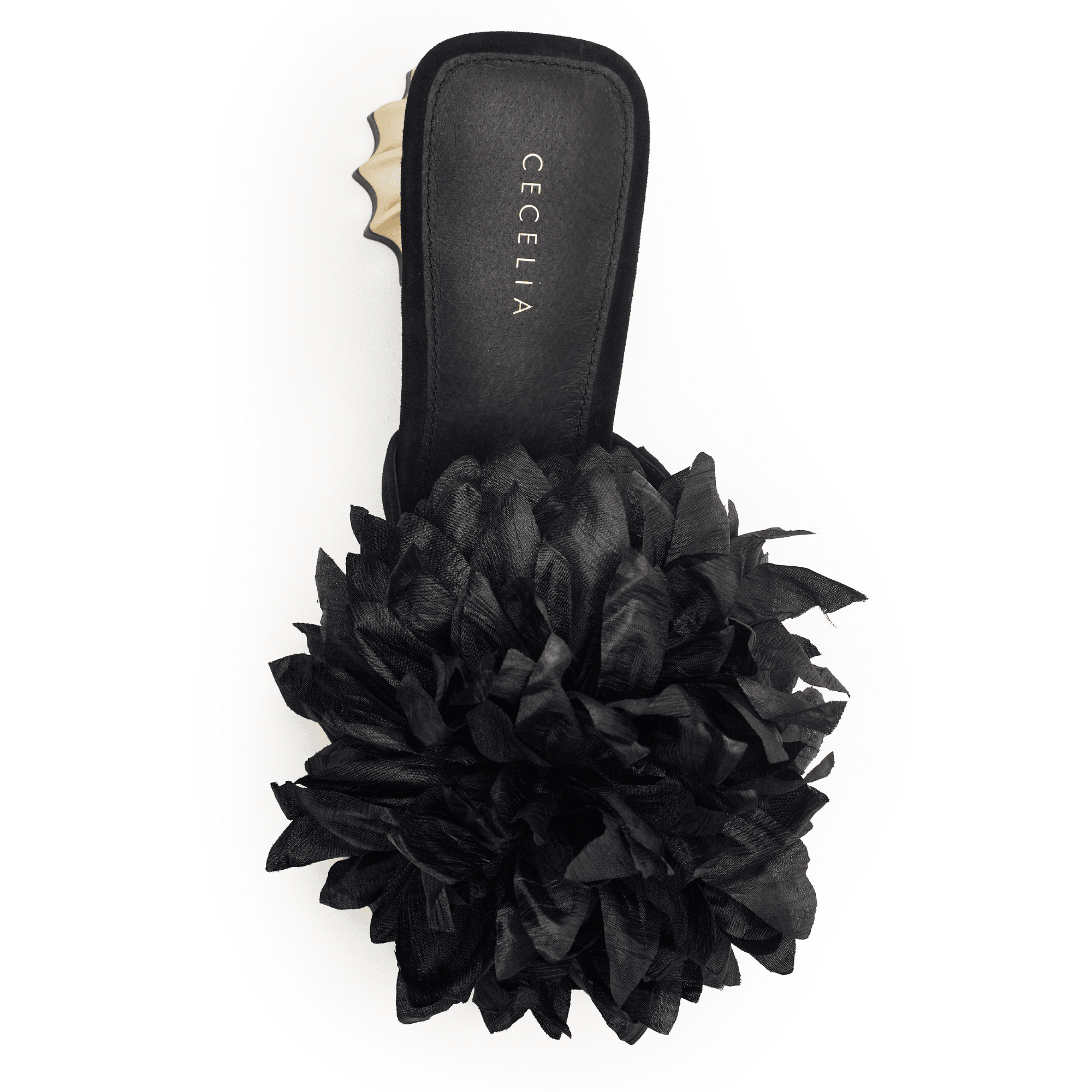 black and gold with large black silk flower slip on dressy sandal 
