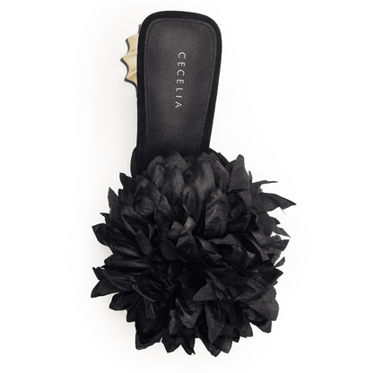 black and gold with large black silk flower slip on dressy sandal 