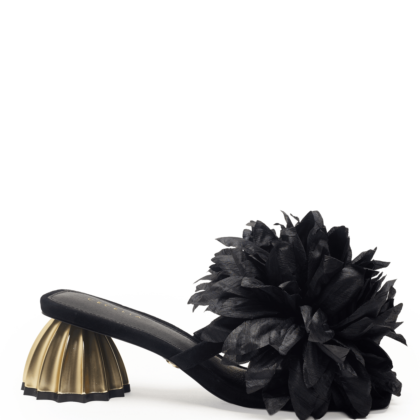 Black dressy sandal with a large flower 