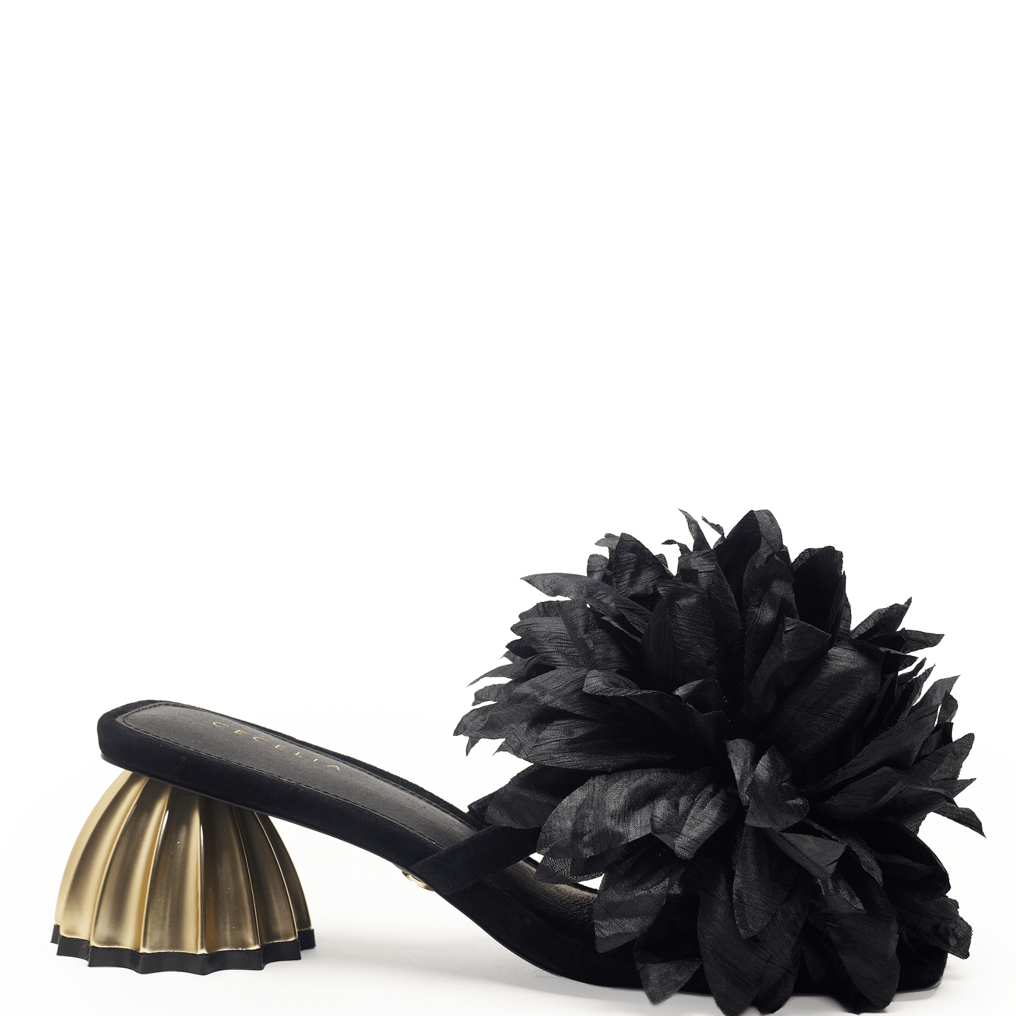Black dressy sandal with a large flower 