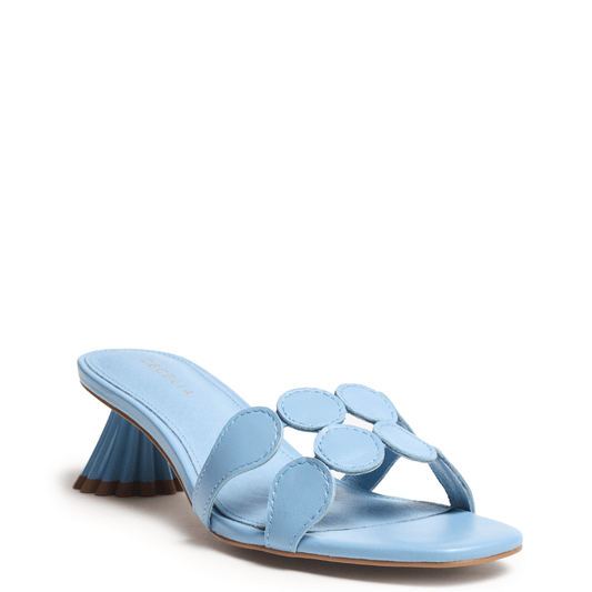 light blue dress sandal with decorative low kitten heel 