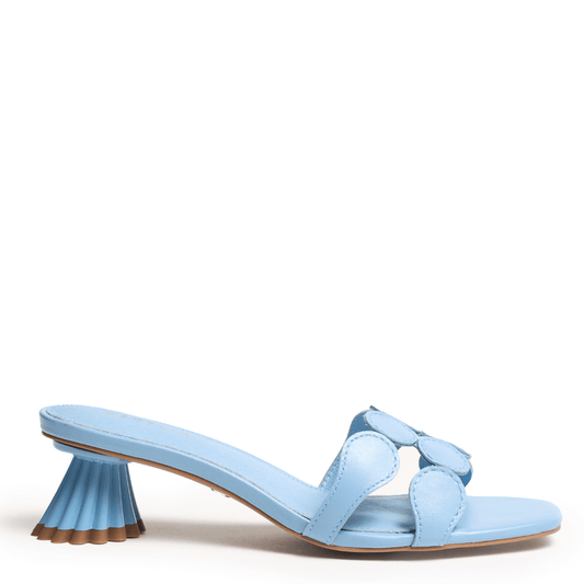 Light blue slide sandal with cushion sole, hand-dipped kitten heel